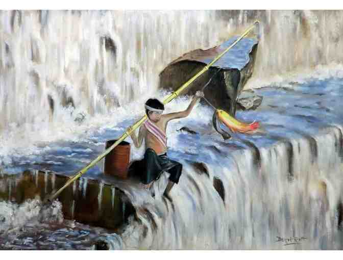 'Thai Boy Fishing In The Waterfall' by Artist Derek Rutt