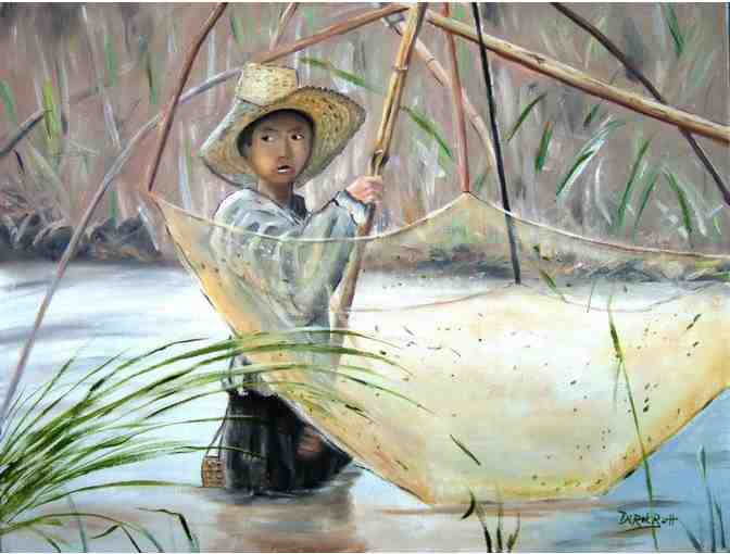 'Young Boy Net Fishing' by Artist Derek Rutt