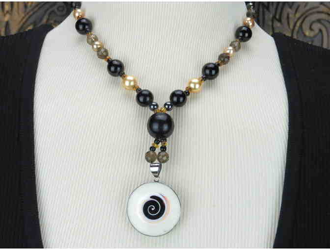 1/KIND Whimsical and Charming Necklace w/Swirl Pendant, Onyx, Topaz, Hematite and Pearls!