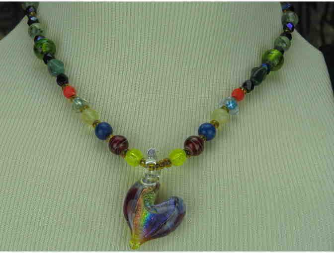1/KIND WHIMSICAL AND ROMANTIC NECKLACE w/Iridescent Art Glass Heart and gemstones!