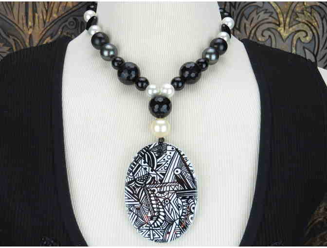 'PERCEPTION' 1/Kind Necklace South Sea Shell Pearls, Onyx, Hematite *Unique Art Pendant!