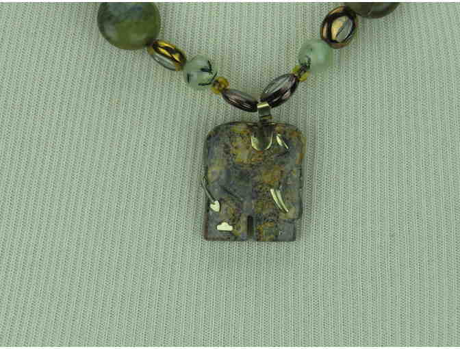 1/KIND Delicate Necklace with Jade, Moss Agate, Bone, Carved Elephant Pendant!
