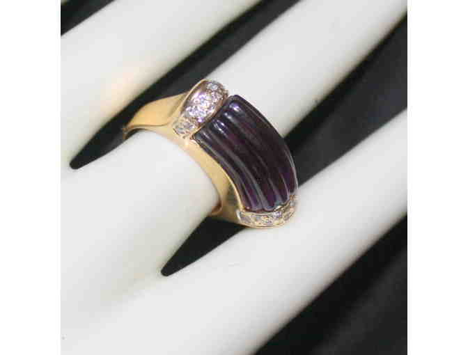 ULTRA COUTURE 'BAMBO CUT' DEEP AMETHYST, DIAMOND RING IN 14 KT GOLD!