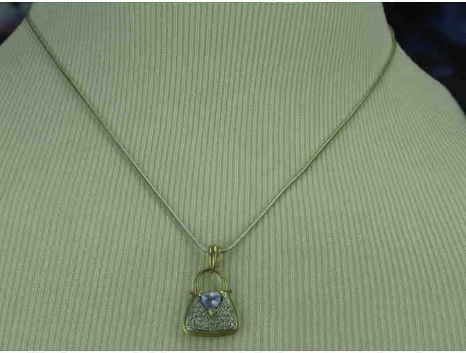 N9: Tanzanite and Diamond Purse Pendant on 14 kt White Gold Necklace