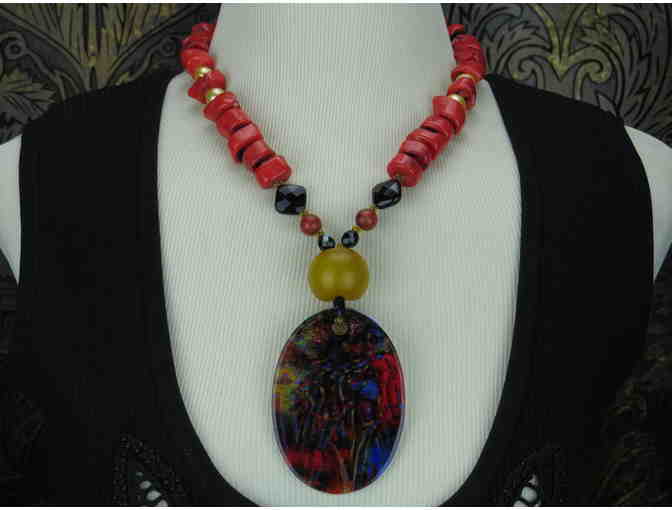 'Gemini' 1/Kind Statement Necklace: Amber, Coral, Onyx and  Porcelain Art Pendant!