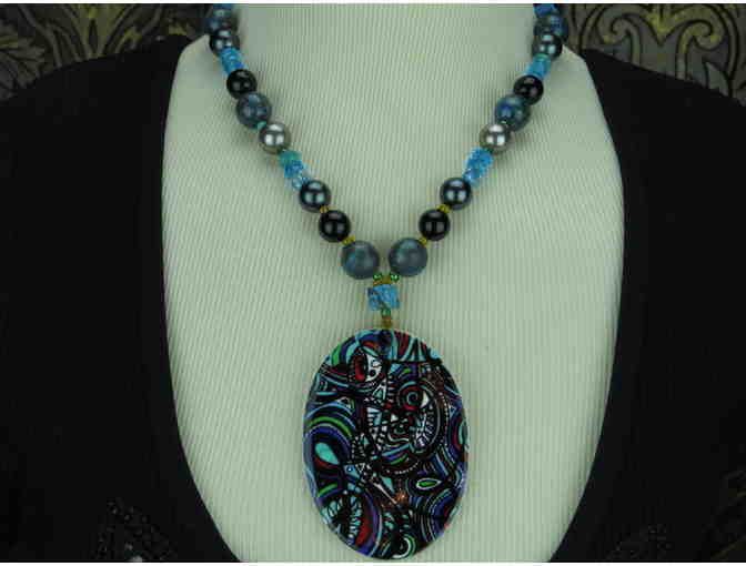 'Teal Time'1/KIND Gorgeous Necklace Art Pendant, Turquoise, Onyx, South Sea Shell Pearls!