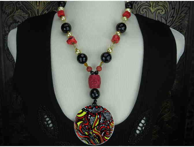 'JUMP INTO MY FIRE':  STUNNING Necklace w/Carved Cinnabar, Onyx and Porcelain ART PENDANT!