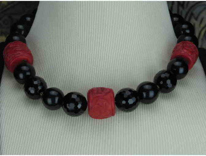 1/KIND Absolutely  DIVINE Necklace features 3 Carved Cinnabar Focals, Genuine Black Onyx!
