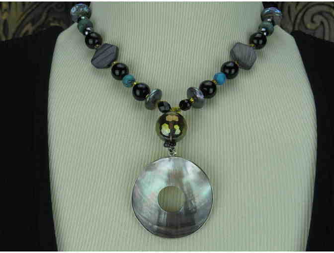 Impressive Necklace features Onyx, South Sea Shell Pearls, Carved Accent Pendant! 1/Kind!