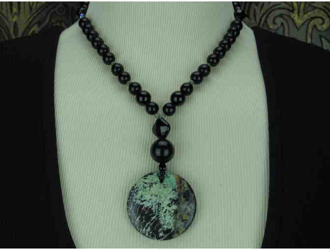 Impressive Necklace w/Large Green Agate Drop Pendant and Onyx! 1/Kind, Handcrafted!