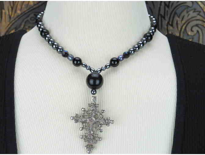 LOVELY AND UNIQUE NECKLACE WITH CROSS PENDANT, Genuine Onyx and Hematite!