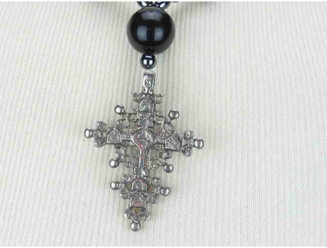 LOVELY AND UNIQUE NECKLACE WITH CROSS PENDANT, Genuine Onyx and Hematite!
