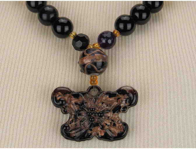 1/KIND Necklace features Beautiful Art Glass Butterfly drop and Genuine Black Onyx!