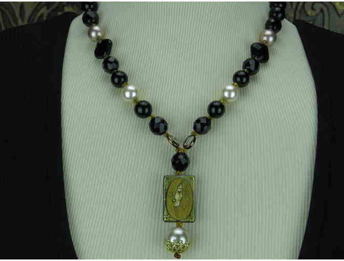 Deluxe Art Pendant, South Sea Shell Pearls,  Genuine Onyx are featured in 1/Kind Necklace!