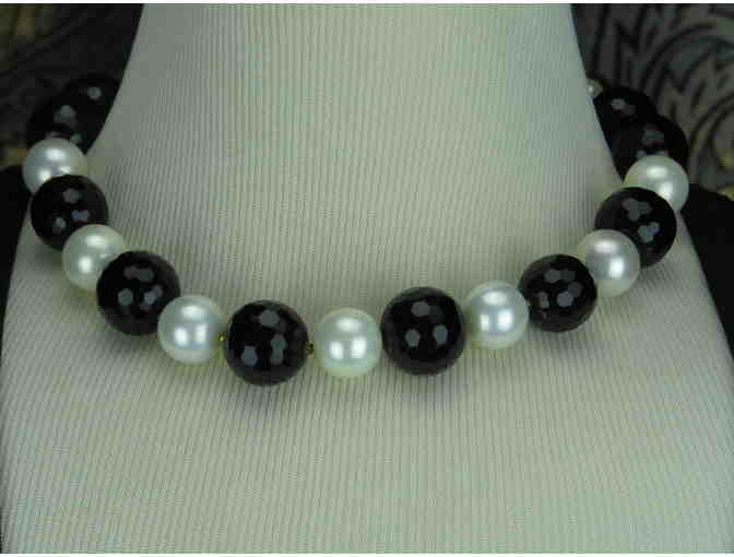 1/Kind Stunning Necklace features HUGE faceted Black Onyx and White South Sea Shell Pearls