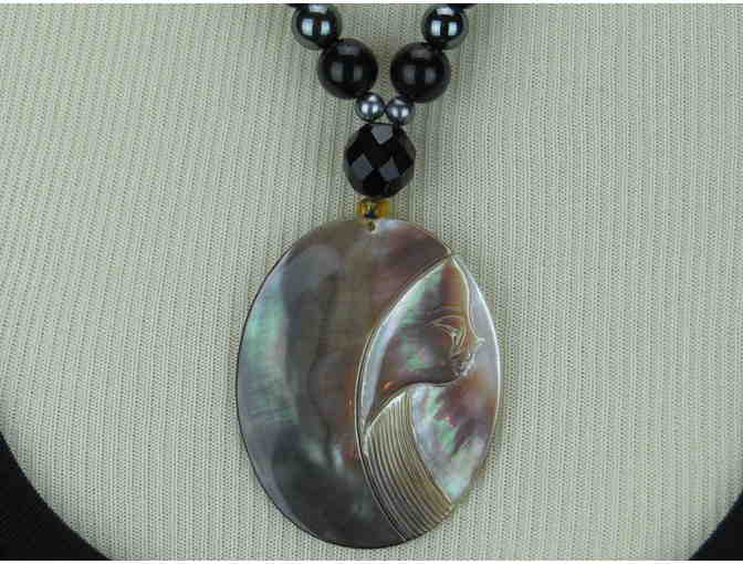 Timeless Necklace features Paua Shell Profile Pendant, Pearls, Onyx, and Hematite!