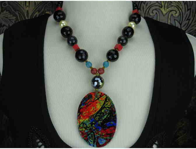 1/KIND:  BREATHTAKING NECKLACE: Genuine Onyx, Coral, SSS Pearls, and Porcelain ART PENDANT