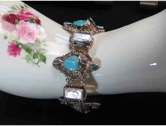 BR-18:  Truly Unique Turquoise, MOP, Blue Topaz, Tanzanite Bracelet from Bali!