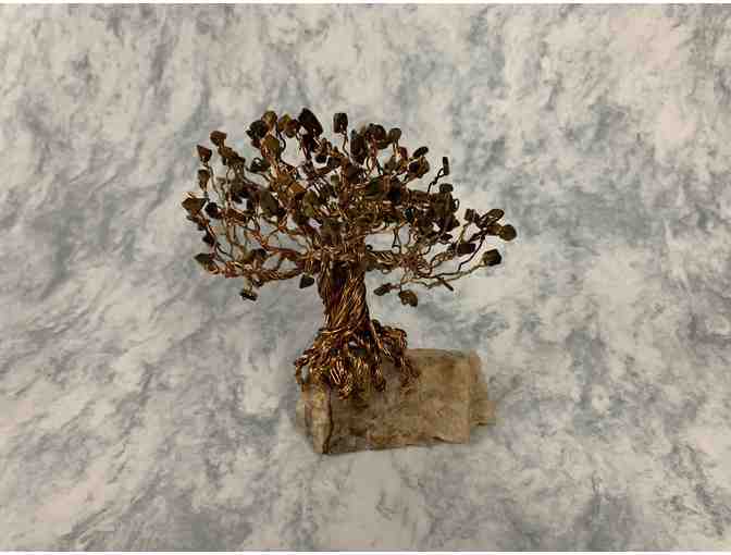 6' Copper Wire Tree with Tiger Eye Leaves and Stone Base