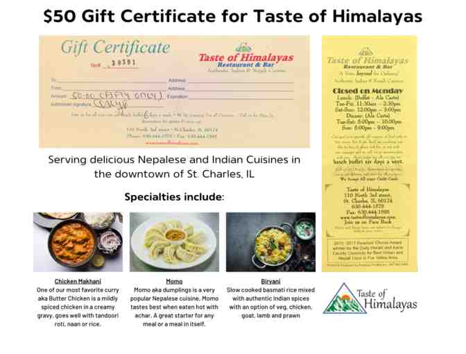 $50 Gift Certificate for Taste of Himalayas Restaurant in Downtown St. Charles - Photo 1