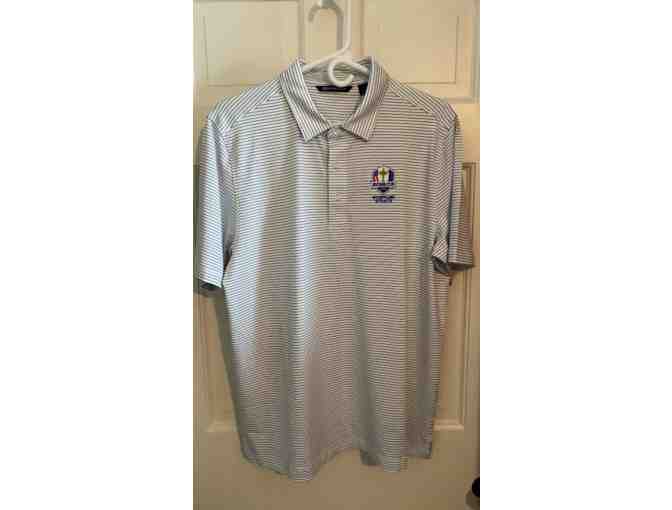 CUTTER AND BUCK WHITE AND NAVY PINSTRIPE MENS SHORT SLEEVE SIZE MEDIUM GOLF POLO
