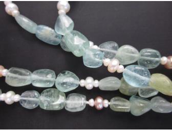 'Ocean Blues' stunning 60 inch Natural Color Aquamarine and Freshwater Pearl Necklace