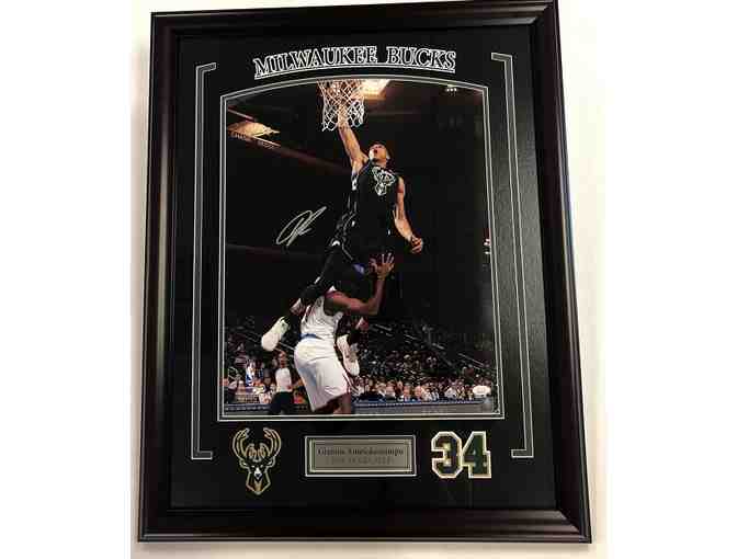 Giannis-16X20 photo autographed, framed with laser cut double matted,engraved MVP plate