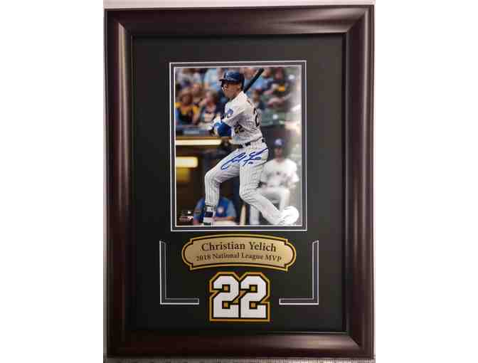 Yelich-8X10 photo autographed, framed laser cut double matted and MVP engraved plate