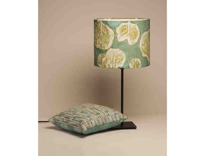 Table lamp featuring custom-made shade and matching pillow by Belfast Bay Shade Co.