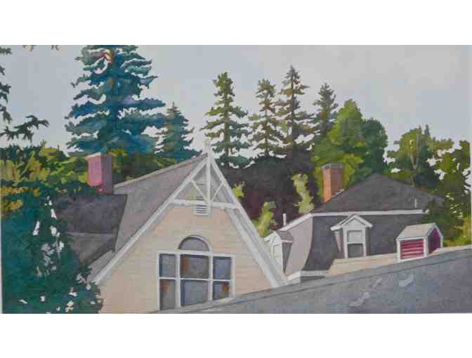 Watercolor painting, 'Stonington, ME rooftops,' by Ken Fellows