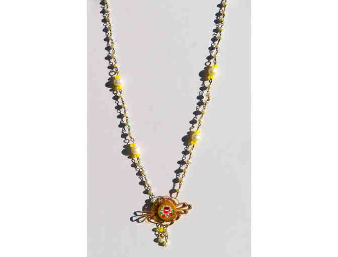 Micro Mosaic Vintage Italian Yellow Pendant with Pearls and Yellow Glass Beads - 45