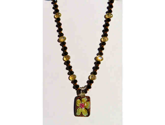 Hand Blown Rectangular Glass Pendant with Black and Smoky Topaz Crystals-Lot 51