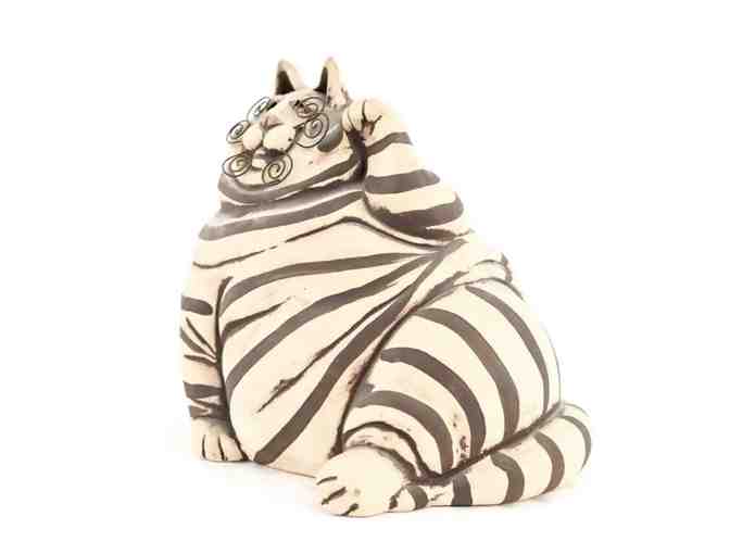 Artist signed Whimsical STRIPED CAT Piggy Bank 9.5" tall - Photo 2