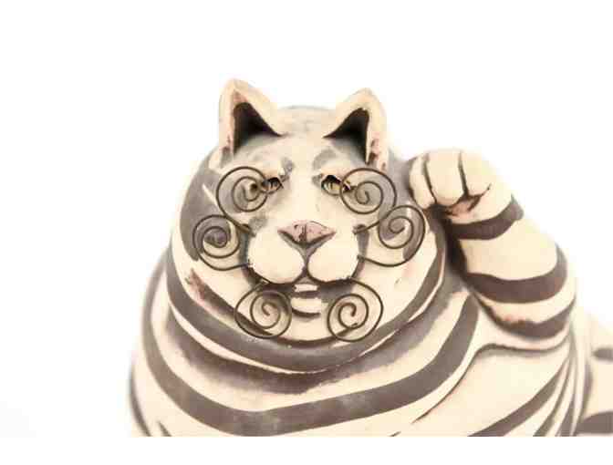 Artist signed Whimsical STRIPED CAT Piggy Bank 9.5" tall - Photo 3