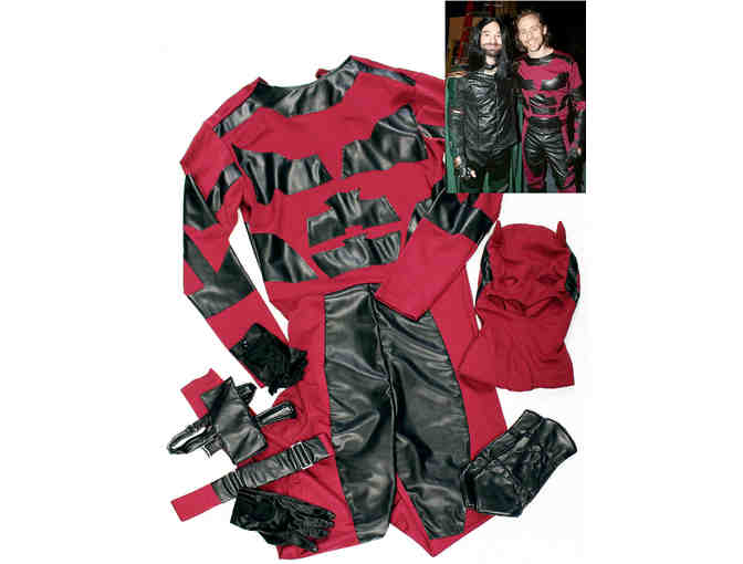 Daredevil costume worn by Tom Hiddleston with Charlie Cox and photo of the two