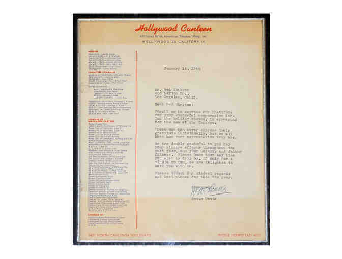 1944 letter from Bette Davis to Red Skelton, signed by Bette Davis