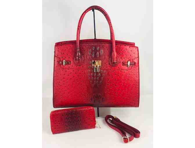 AAA LIVE BIDDING ONLY! Deep Red Faux Alligator beautifully textured gold hardware