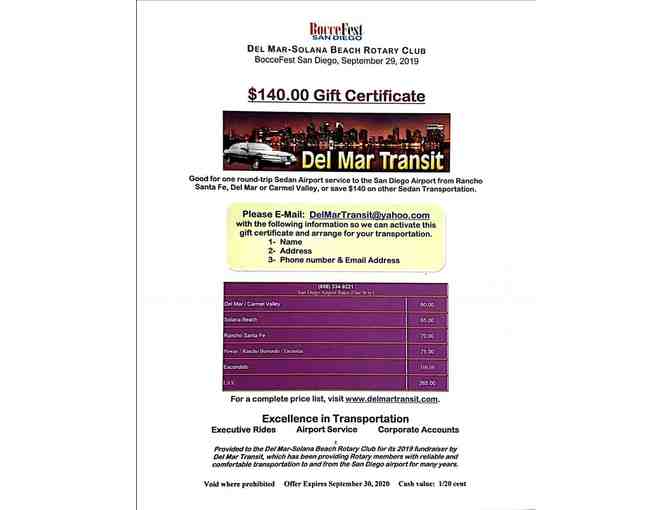 $140 Gift Certificate for 1 Round-Trip Sedan Airport Service to San Diego Airport