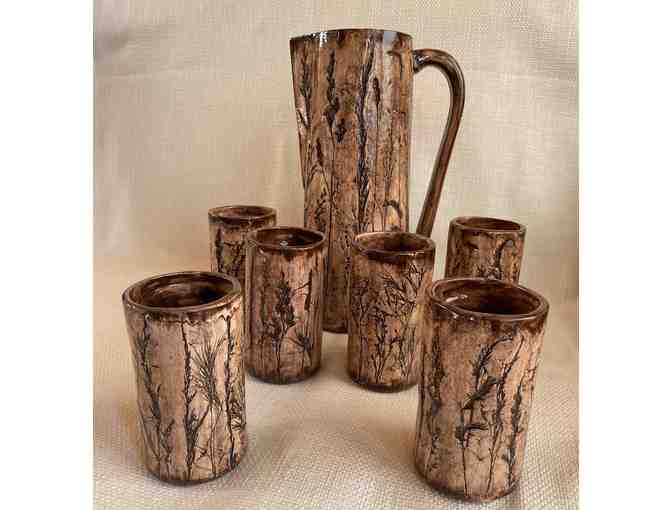 Pottery Pitcher w/ 6 cups