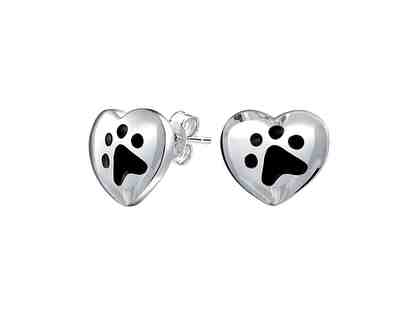 Black Enamel and Sterling Silver Paw Print Heart Stud Earrings