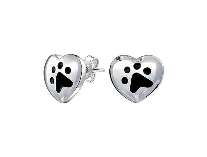 Black Enamel and Sterling Silver Paw Print Heart Stud Earrings - Photo 1