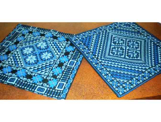 Blue Cross-Stitched Pillow Cases from Palestine (Set of 2) - Photo 1