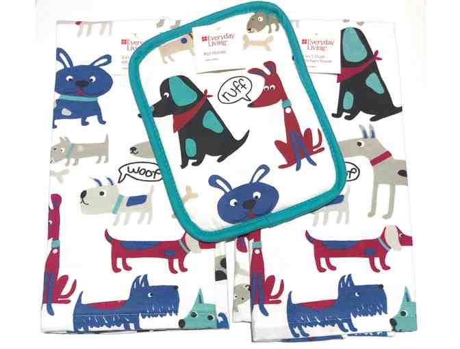 Cute Kitchen Towels and Hot Pad with Dog Motif (set/3)
