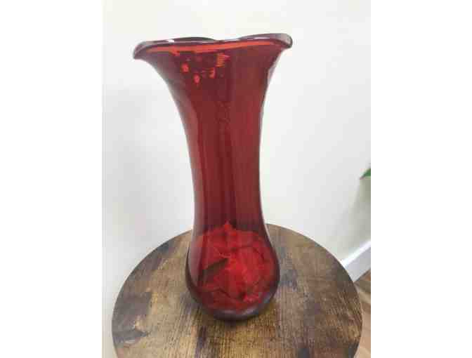 Red Glass Vase with Flower Arrangement