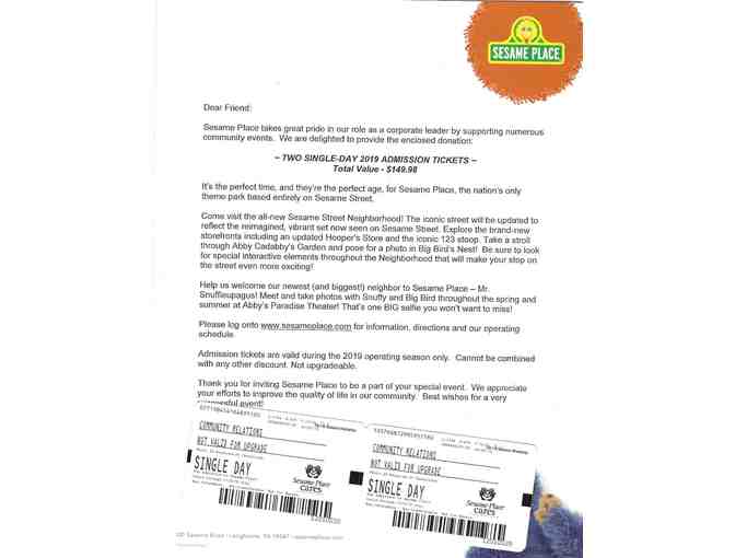 2 Single Day Admission Tickets to Sesame Place