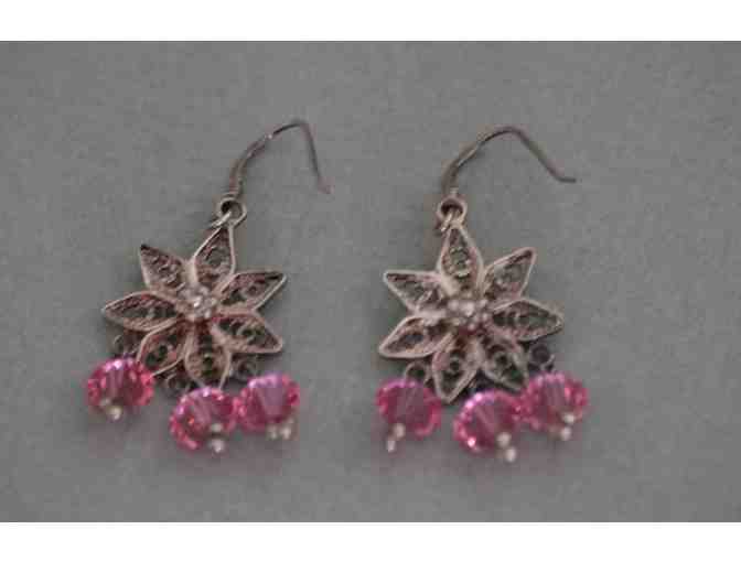 Sterling Silver Flower Earrings with Pink Crystals