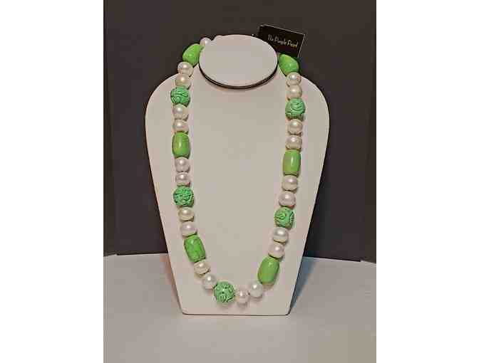 Necklace -- White pearls with Green polished & carved beads