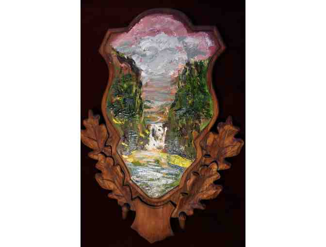 Impressionistic Lake Superior waterfall painting on hand-carved wooden plaque