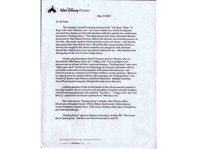 FINDING NEMO, 2003, presskit, Walt Disney and Pixar animation