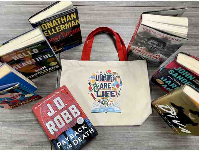 New Hard Cover Books + Libraries Are Life tote bag
